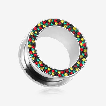 A Pair of Multi-Gem Sparkle Rasta Screw-Fit Ear Gauge Tunnel Plug-Rasta
